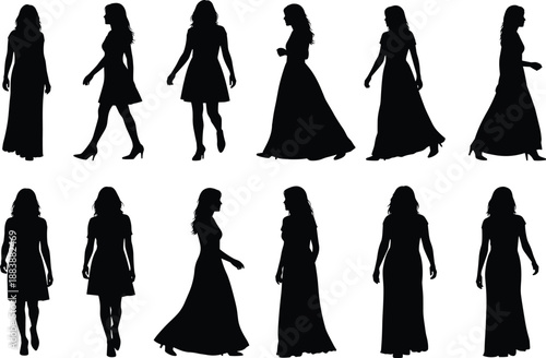 Silhouette collection of elegant women walking in different poses, female fashion dresses isolated on white background, grace, style, movement, femininity concept