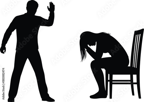 Silhouette illustration of domestic violence showing angry man threatening seated woman, powerful concept of family abuse, emotional trauma, conflict, mental health awareness on white background