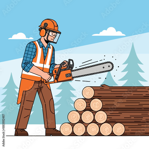 Lumberjack with Chainsaw Cutting Logs in Forest