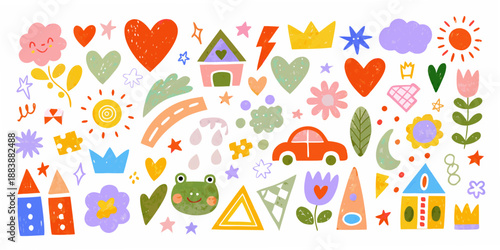 a collection of cute whimsical illustrations featuring hearts houses and playful icons