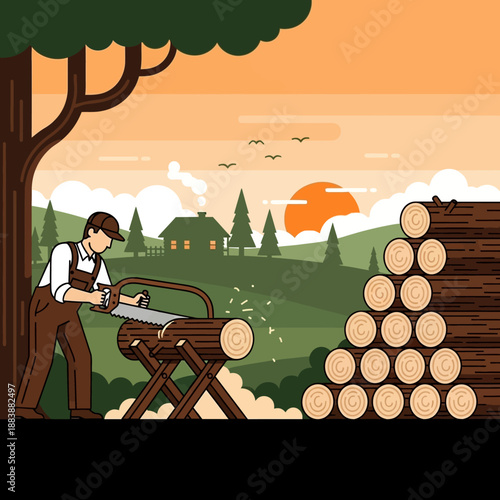 Lumberjack sawing log in forest landscape at sunset, stacked wood, rustic farm