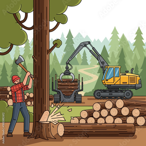 Lumberjack Chopping Tree Near Logging Equipment and Stacked Wood in Forest
