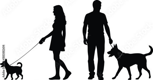 Silhouette of man and woman walking dogs on leash, pet owners lifestyle illustration showing human and animal companionship, outdoor activity, daily routine, and responsible dog walking concept