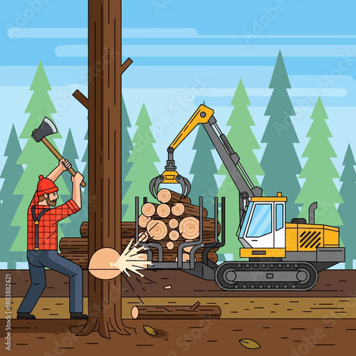 Lumberjack and Logging Machine Harvesting Trees in Forest