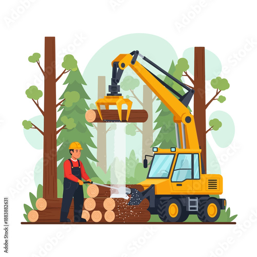 Logging Crane Machine and Worker Harvesting Timber in Forest