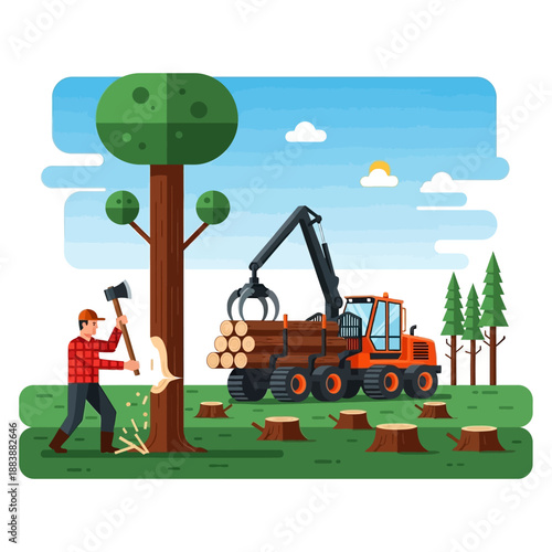Lumberjack Felling Tree with Crane Loading Logs in Forest | Flat Illustration