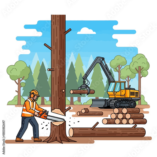 Lumberjack cutting tree with chainsaw, excavator loading logs in forest - vector illustration