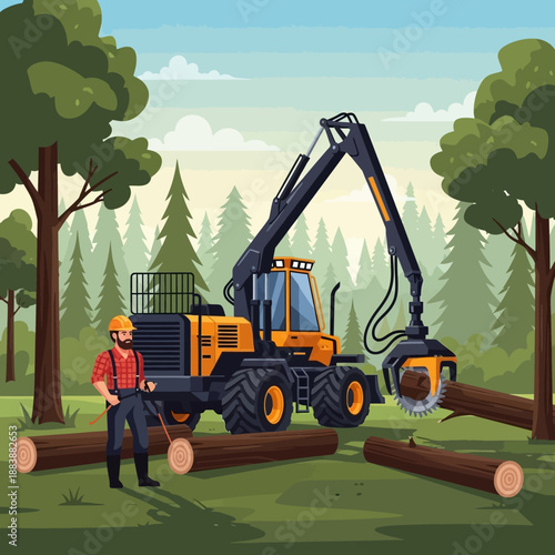 Forestry harvester machine cutting logs with lumberjack in woodland scene