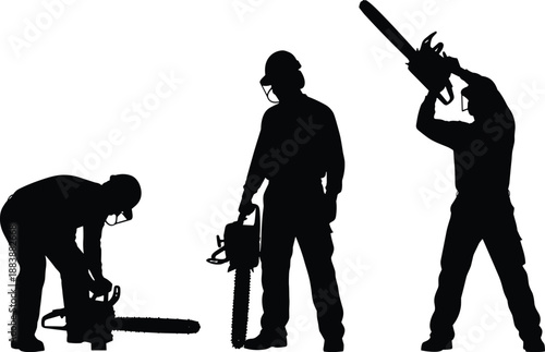 Silhouette of professional lumberjacks working with chainsaws, industrial forestry workers illustration showing woodcutting, logging activity, heavy equipment use,
