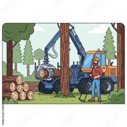 Logger operating a forestry machine in a forest with cut logs