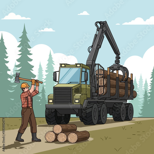 Lumberjack with Axe and Log Loader Truck in Forest Scene