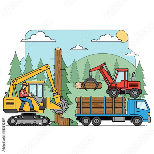 Logging industry: excavator, harvester, truck, worker, forest, logging, timber, wood