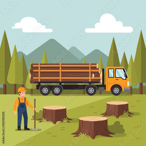 Lumberjack and Truck Carrying Logs in Forest Landscape - Vector Illustration