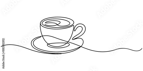 Continuous one line drawing of a hot beverage cup with a flowing wavy underscore suggesting warmth and inviting a relaxing coffee break for various branding and decorative purposes