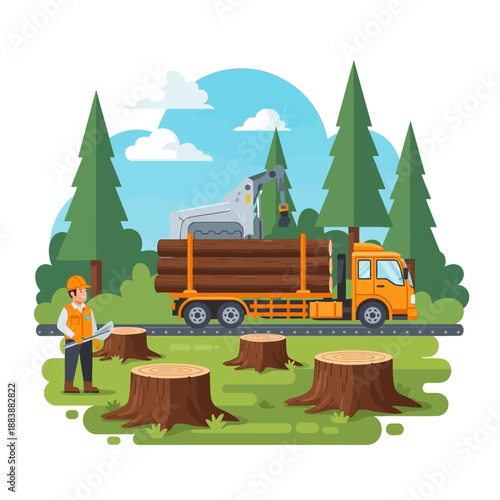 Forestry worker loading logs onto truck with crane in a deforested area