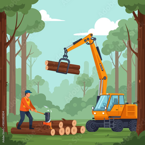 Logger and Crane Loading Logs in Forest, Logging Industry and Forestry Concept