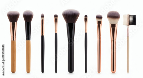 A professional set of makeup brushes and artist paintbrushes for beauty and art is isolated on a white background as an essential cosmetic tool and painting equipment accessory