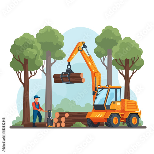Logging industry: harvester machine moving logs in forest with worker