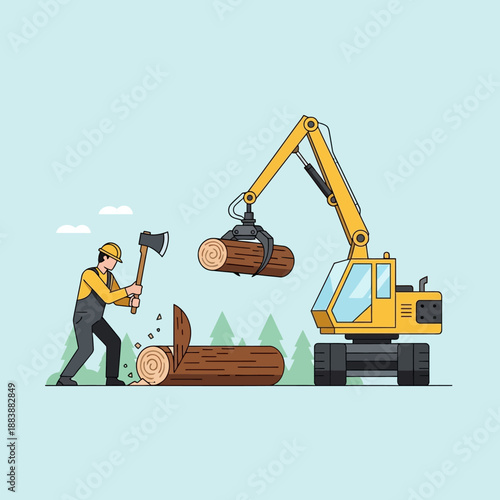 Woodcutter with axe felling tree next to logging excavator lifting log in forest