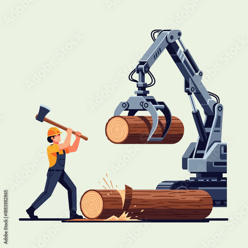 Lumberjack Chopping Tree Trunk Next to Logging Crane Lifting Wood Logs
