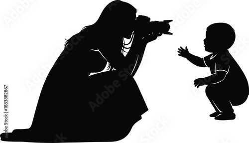 Silhouette photographer mother capturing baby first steps with camera, tender parenting moment showing family love, childhood development concept isolated on white background