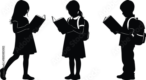 Silhouette school children reading books with backpacks, education learning concept, student literacy, childhood study routine isolated on white background, minimal studio illustration vector