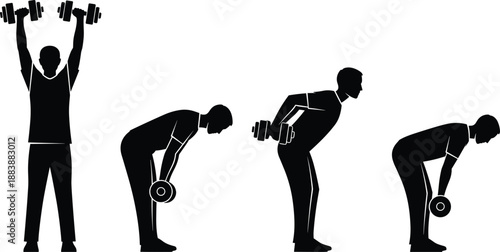 Silhouette sequence of man performing dumbbell exercises, strength training workout illustration showing fitness routine, muscle building, gym practice, bodybuilding technique, 