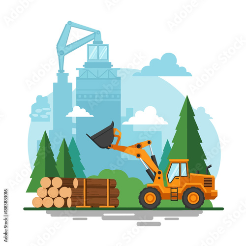 Logging loader moving logs near industrial buildings and trees, flat illustration style.