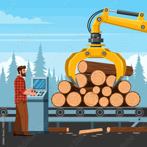 Lumberjack operating crane grabbing logs at sawmill conveyor belt in forest industry