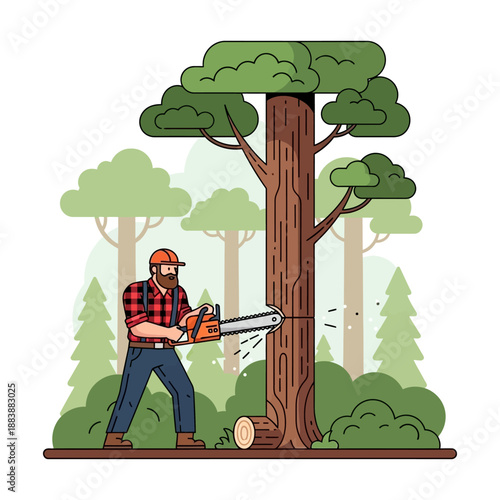 Lumberjack cutting down a tall tree with a chainsaw in a forest.