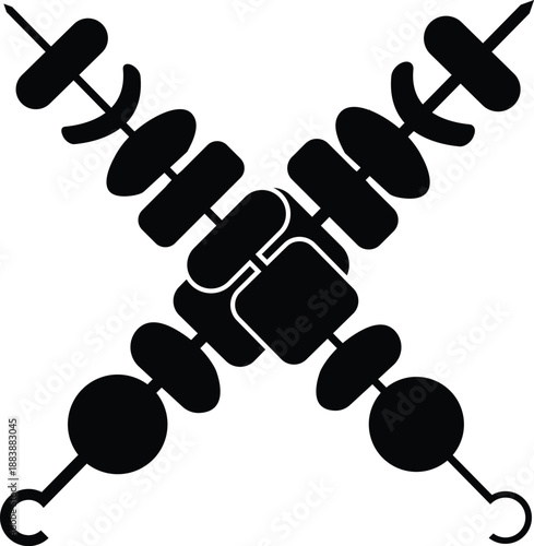 Crossed grilled shish kebab on skewers stick icon. Meat kebab on skewers stick illustration symbol. Crossed kebabs on skewers sign. Picnic with grill meat logo. flat style.