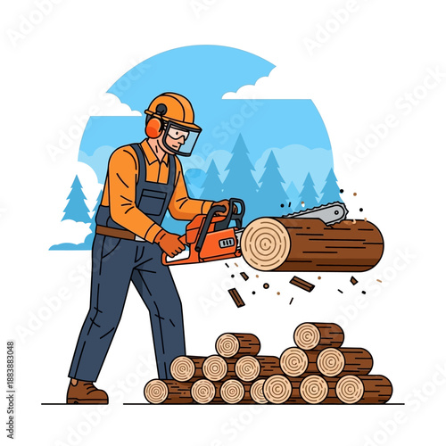 Lumberjack cutting wood with chainsaw, forestry worker in protective gear, outdoor scene