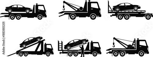 Tow truck and car transport silhouettes showing vehicle towing recovery loading and roadside assistance services, auto transport operations illustration, black silhouettes isolated on white background