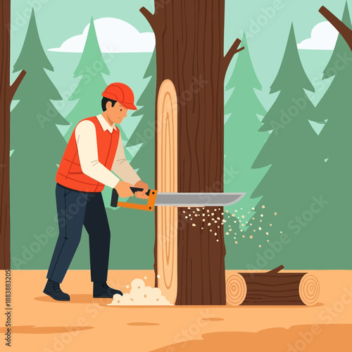 Lumberjack cutting tree with chainsaw in forest, sawdust flying, flat illustration
