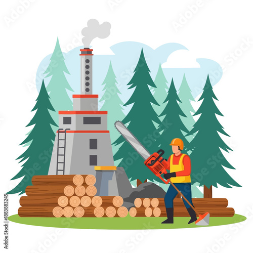 Lumberjack with Chainsaw at Sawmill Factory in Forest, Wood Industry Concept
