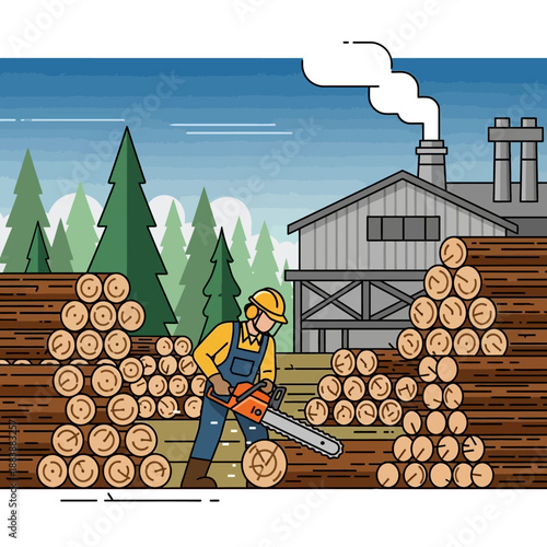 Lumberjack cutting wood with chainsaw at sawmill, industrial logging scene
