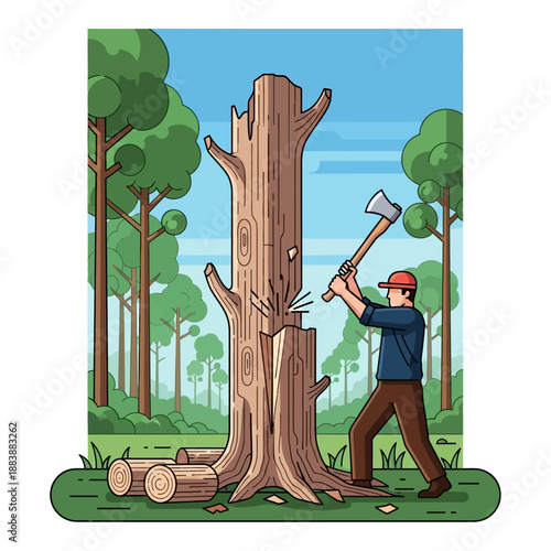 Woodsman chopping down a large tree with axe in forest