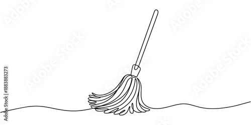Cotton String Mop with Wooden Handle continuous one line drawing. designed for effective floor cleaning and household chores, full length single line drawing.