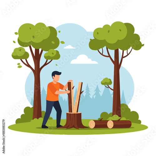 Man chopping wood in forest with trees and logs