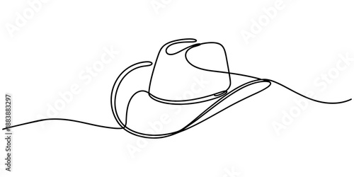 One line art cowboy hat - Minimalist continuous line drawing of western style hat vector illustration, Continuous one line drawing of men hat, Single line drawing of cowboy hat, Vector continuous one