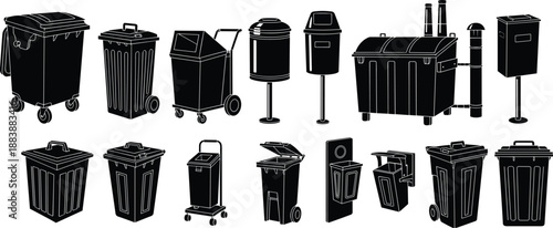 Trash bin and waste container silhouettes collection showing different garbage, recycling and refuse bins, urban sanitation and waste management concept isolated on white background
