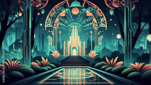 Futuristic park decorated with glowing papel picado patterns