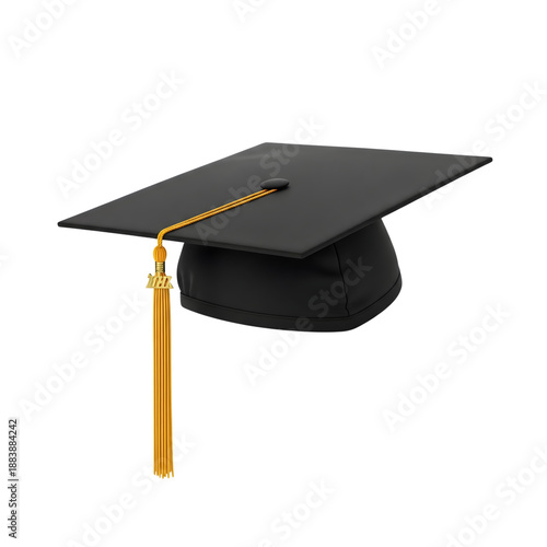Black academic graduation cap with golden tassel signifying educational achievement isolated on transparent background