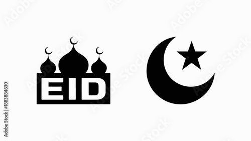 Black and white Eid with domes and crescent moon star symbol