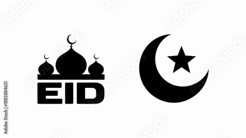 Black and white Eid with mosque domes and crescent star
