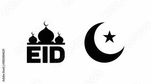 Black and white Eid with mosque domes and crescent moon with star