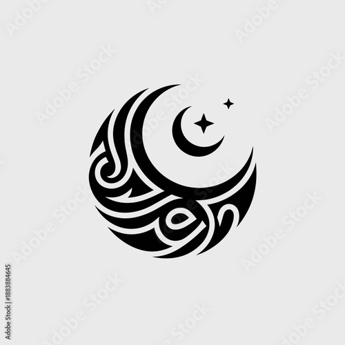 Black and white geometric crescent moon with star and abstract patterns