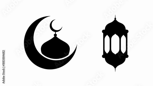 Black and white of a crescent moon with a dome and a lantern
