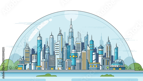 Protected Cityscape: Futuristic Urban Center Under Glass Dome Shield