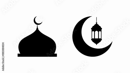 Black and white of a mosque dome and a crescent moon with a lantern